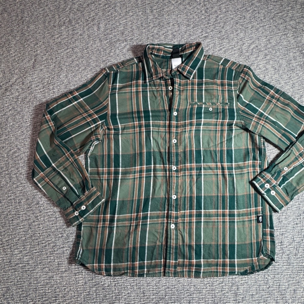 The North Face Mens XL Plaid Flannel Shirt Green Brown Long Sleeved Button Up